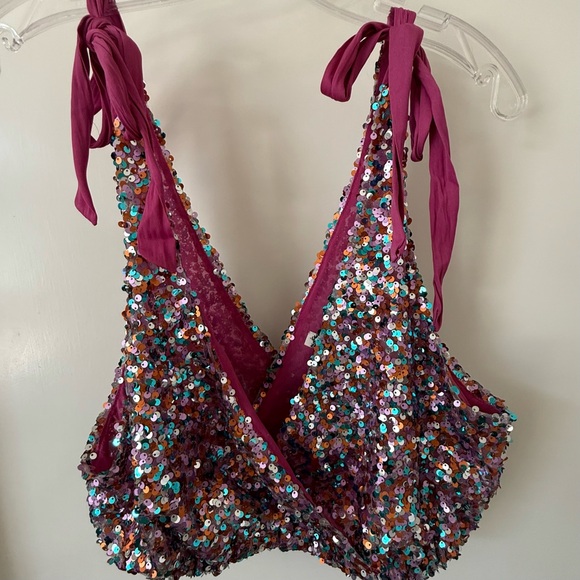 Free People Sz. S Pink Big Night Sequin Crop Top Party Cocktail Barbie Glam - Picture 4 of 7